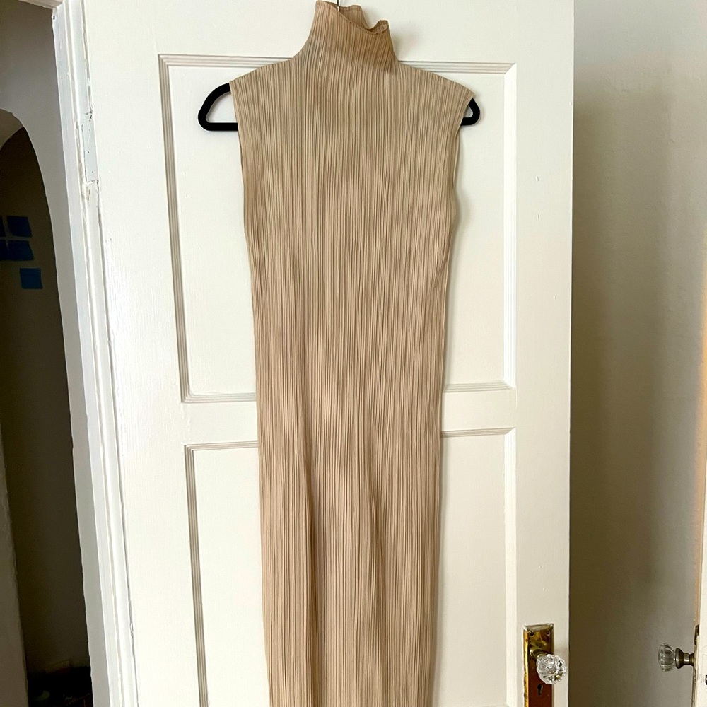 Issey Miyake Pleats Please long tan turtleneck dress